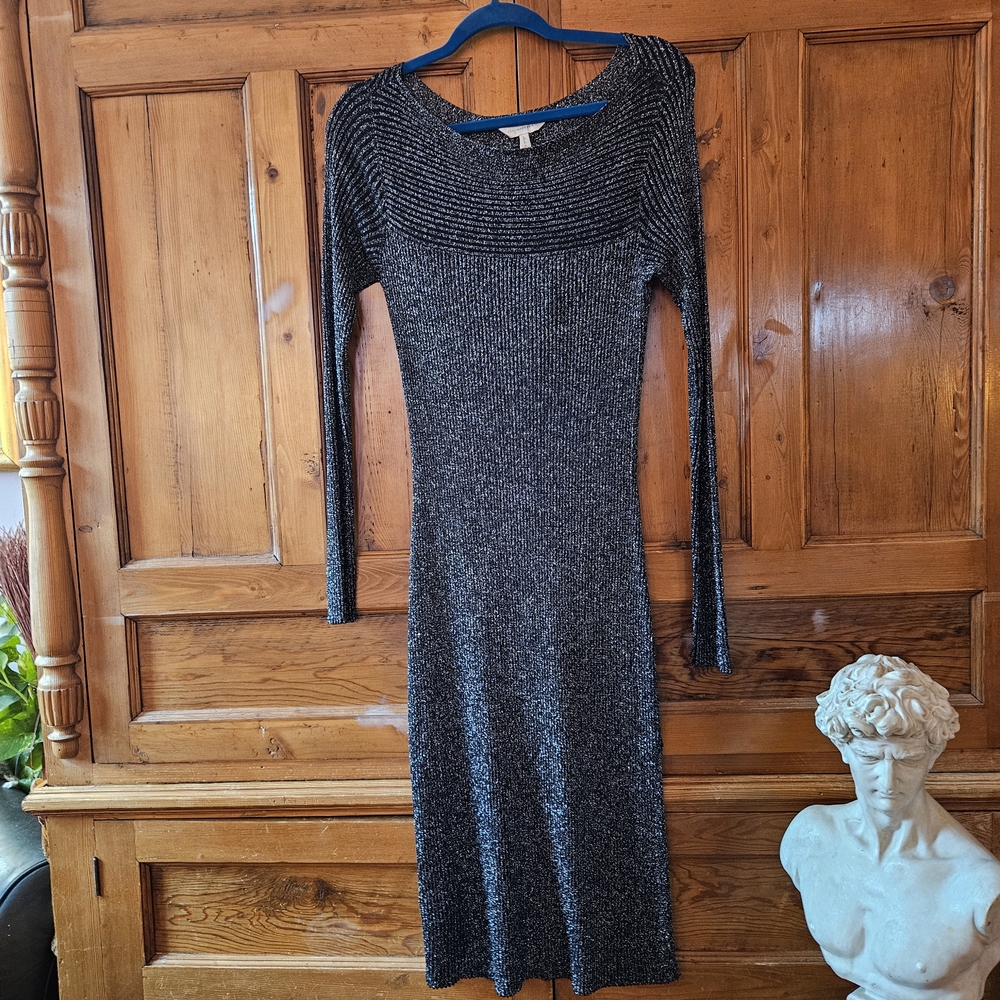 BCBG MaxAzaria Runway Elegant Black & Silver Shimmer Long Sleeve Dress